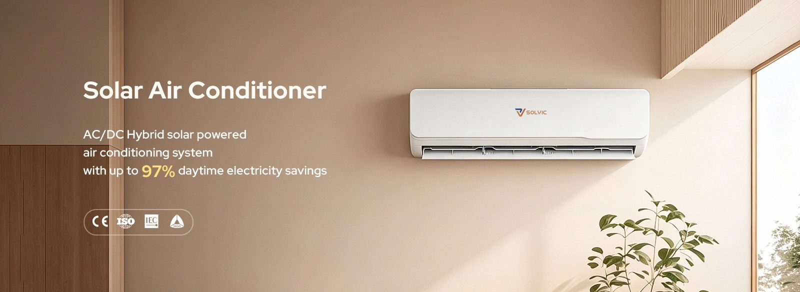 Solar air conditioner SEER 35 poster banner – residential home with outdoor condenser unit and solar panels on roof, DC inverter hybrid cooling system for energy-saving off-grid and grid-tied applications